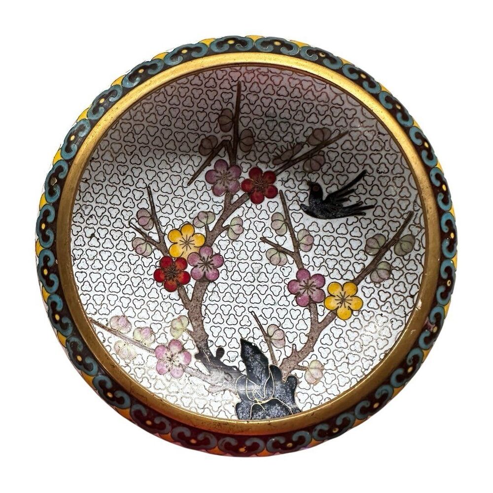 Vintage Chinese Cloisonné Floral and Bird Enamel Dish